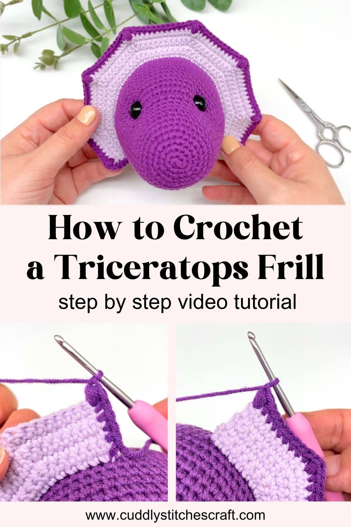 How to crochet a triceratops frill directly onto the head of your toy, Amigurumi video tutorial
